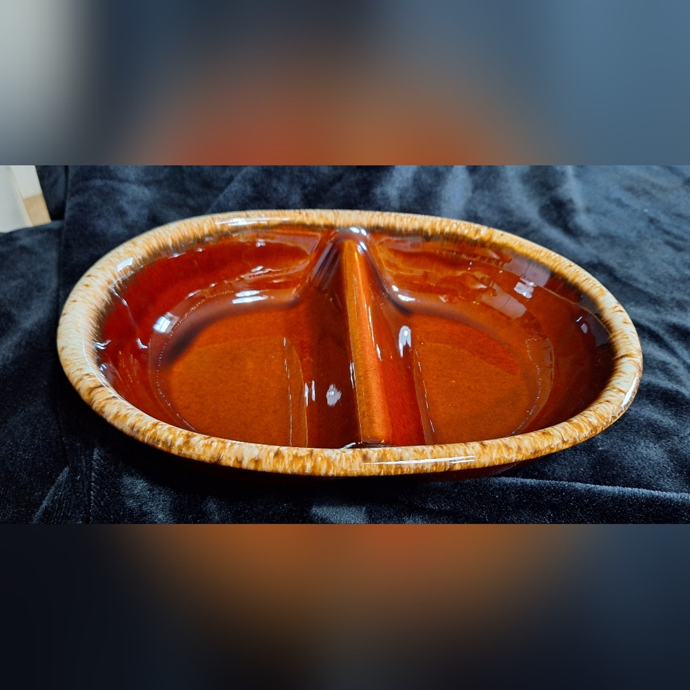 Vintage HULL Brown Glazed Ceramic Divided Serving Dish